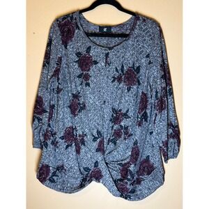 IZ‎ Byer Womens Gray Floral Print Twist Front Long Sleeve Top Plus Size 2X